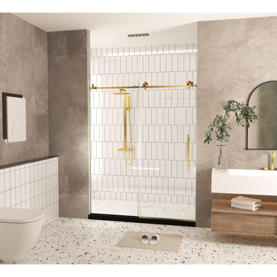 Bathroom Shower Door 56 - 60"W X 76"H, 1/4" 6 Mm  Clear Tempered Glass With Stainless Steel Handle In Brushed Gold, American Design, Proof Film, Large Wheels And Round Tracks, Hygienic Glass, Design