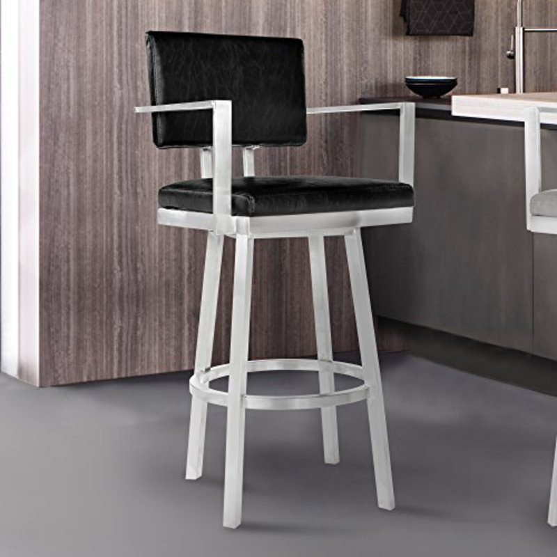Nakagawa Swivel Counter or Bar Height Barstool with Arms and Footrest in Faux Leather, Metal Legs, Black, Black