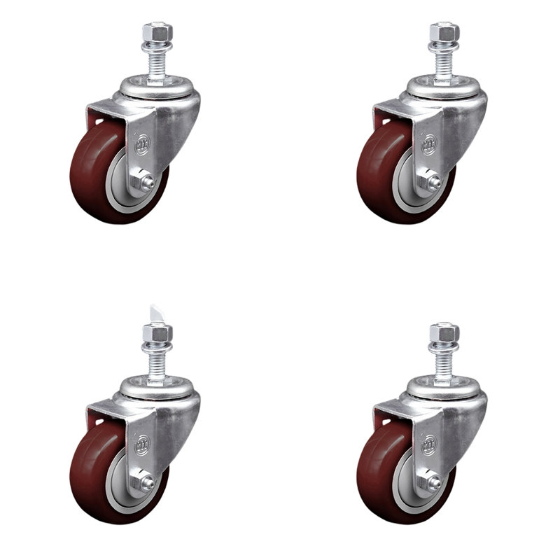 3 Inch SS Polyurethane Wheel Swivel 12mm Threaded Stem Caster Set SCC, Maroon