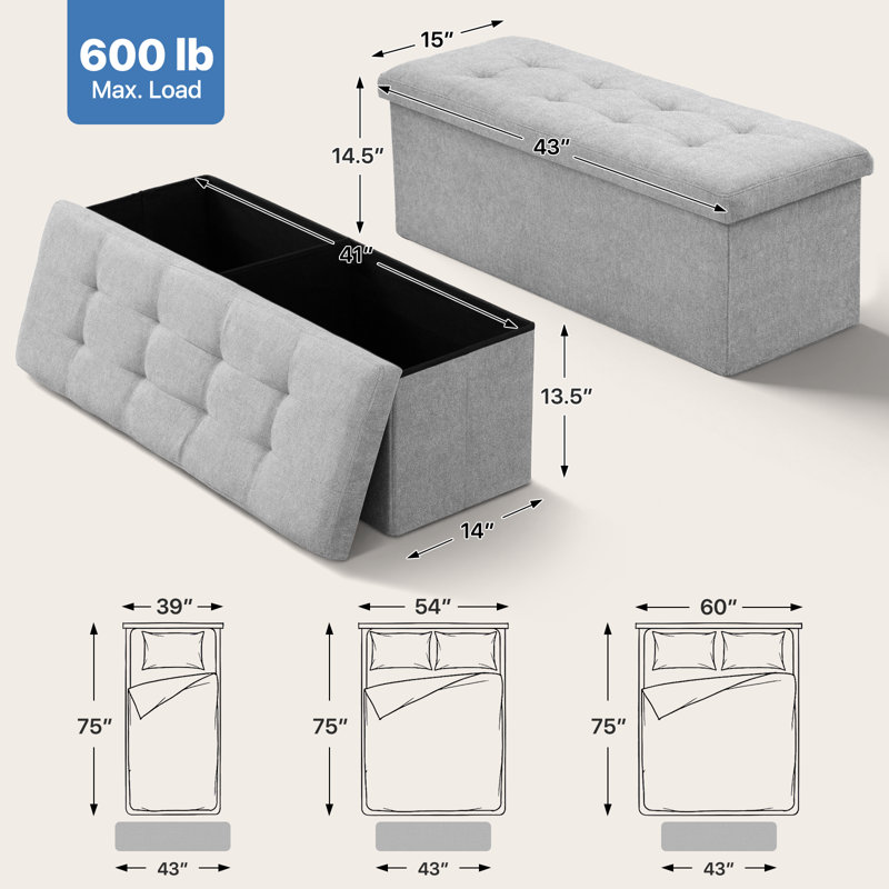 Upholstered Folding Storage Ottoman Bench, Button Tufted Ottoman Foot Rest, End of Bed Bench, Light Gray