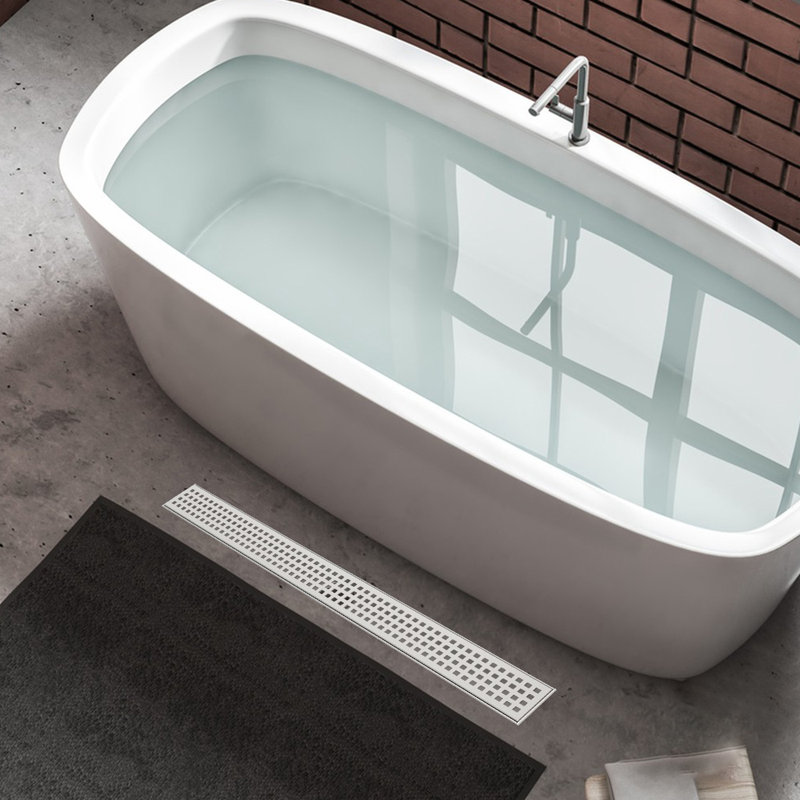 Long Rectangular Linear Shower Drain With Square Pattern Drain Cover And Hair Catcher,Stainless Steel,Brushed Nickel