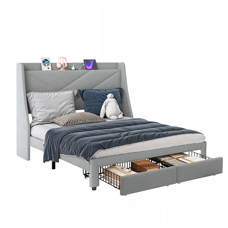 Genevi Storage Upholstered Bed with Built In USB Port, Grey