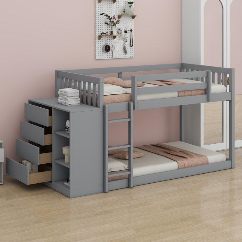 Lit superposé avec 4 tiroirs et 3 tablettes, Gris