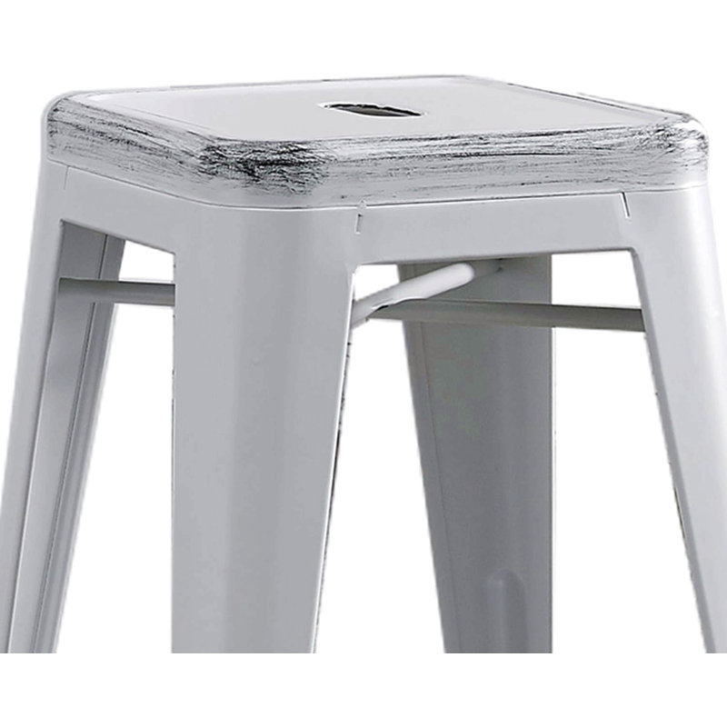 Tabourets de bar sans dossier, légers, industriels, contemporains, rustiques, rétro, côtiers, en métal, sans dossier et 4 pieds (ensemble de 2) (siège de 24 po, blanc vieilli)