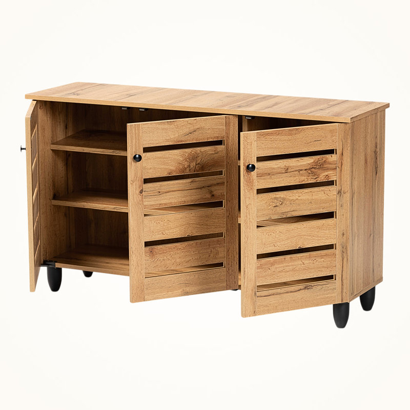 Kairo Oak Finish 6-Shelves With Slatted Two-Door Shoe Cabinet, 26.1" H X 44.25" W X 12.94" D