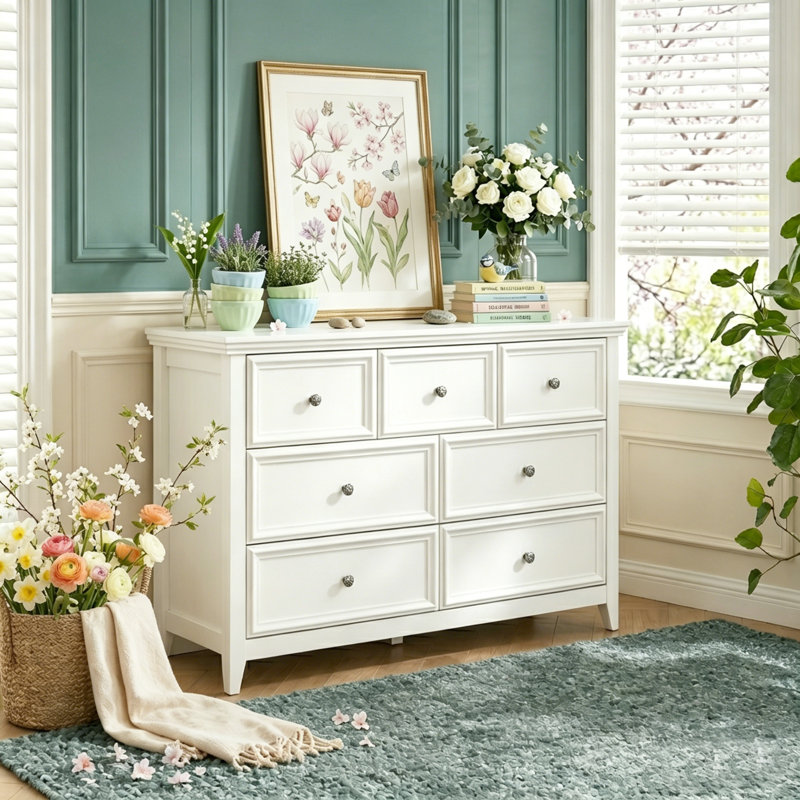  47" Wooden Dresser with 7 Drawers, Tall Chest of Drawers, Storage Tower Cabinet with Metal Handles, Storage Dressers Organizer for Entryway, Living Room, Bedroom