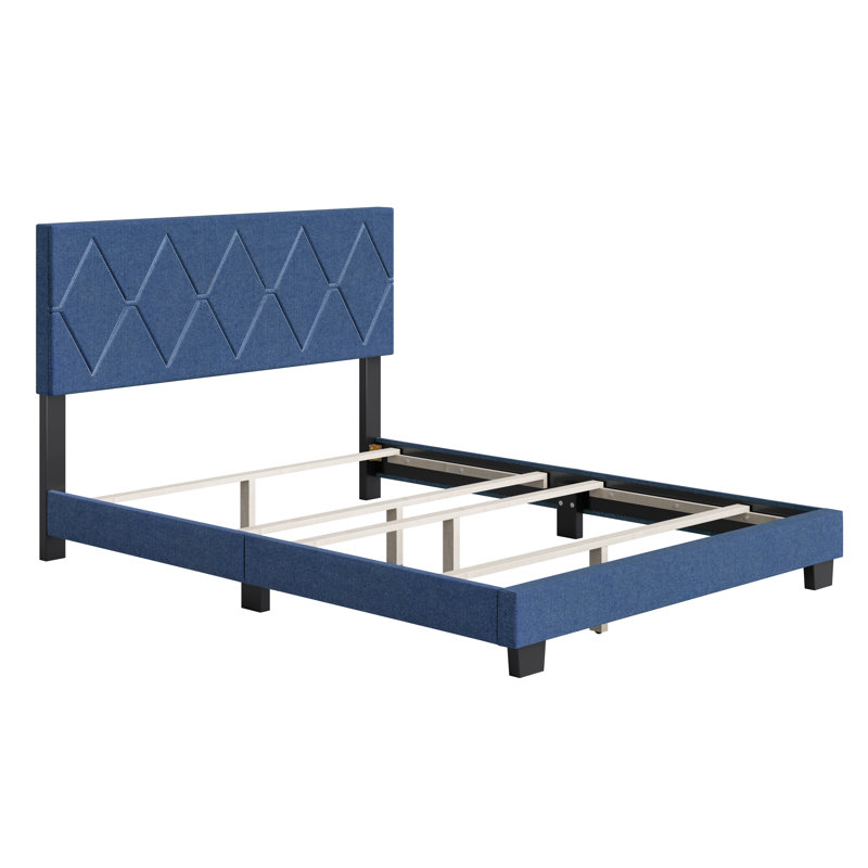 Structure de lit tapissier avec tête de lit Diamond Linen, Bleu, Simple