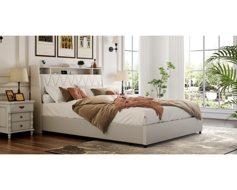 Bed Frame with 2-Tier Storage Adjustable Headboard & Charging Station, Solid and Stable, No Box Spring Needed, Noise Free, Easy to Assemble
