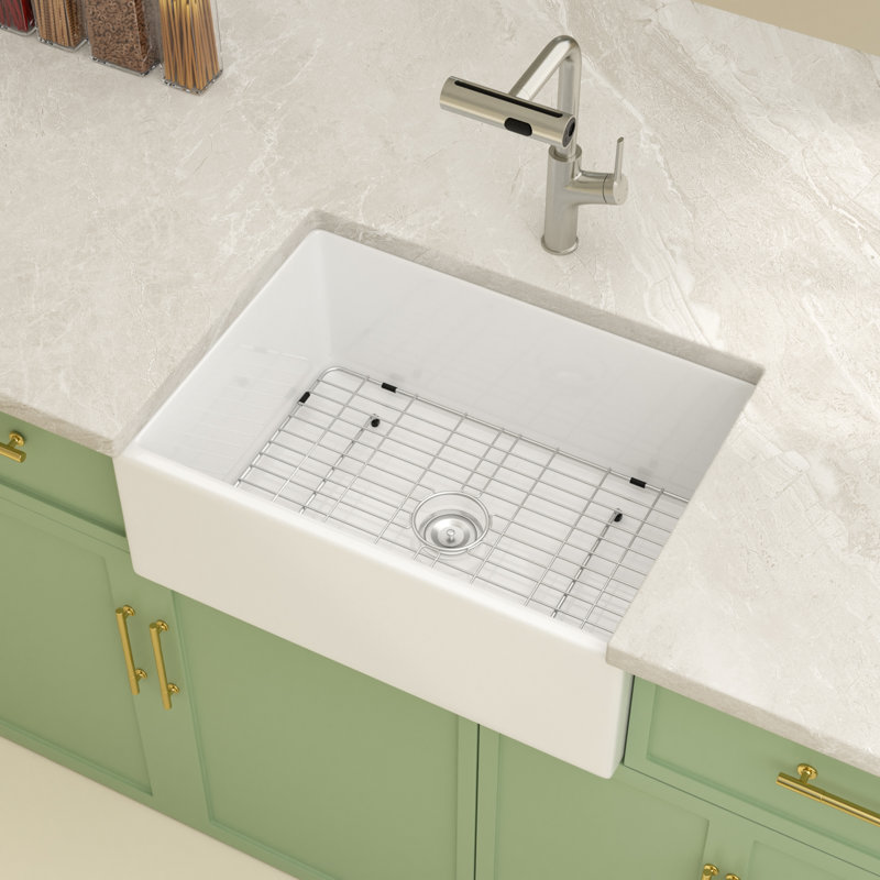 28''L x 20''W Ceramic Single Bowl Farmhouse Kitchen Sink with Sink Grid and Basket Strainer