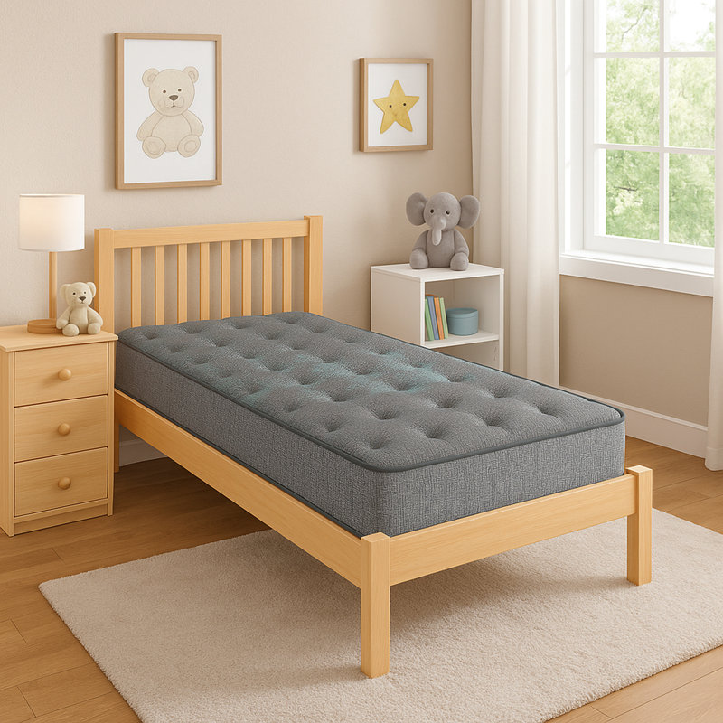 Matelas simple en mousse de base, deux de 9 po, confort moyen, soutien et soulagement gris, bleu à deux motifs, confort pour un soutien à long terme,