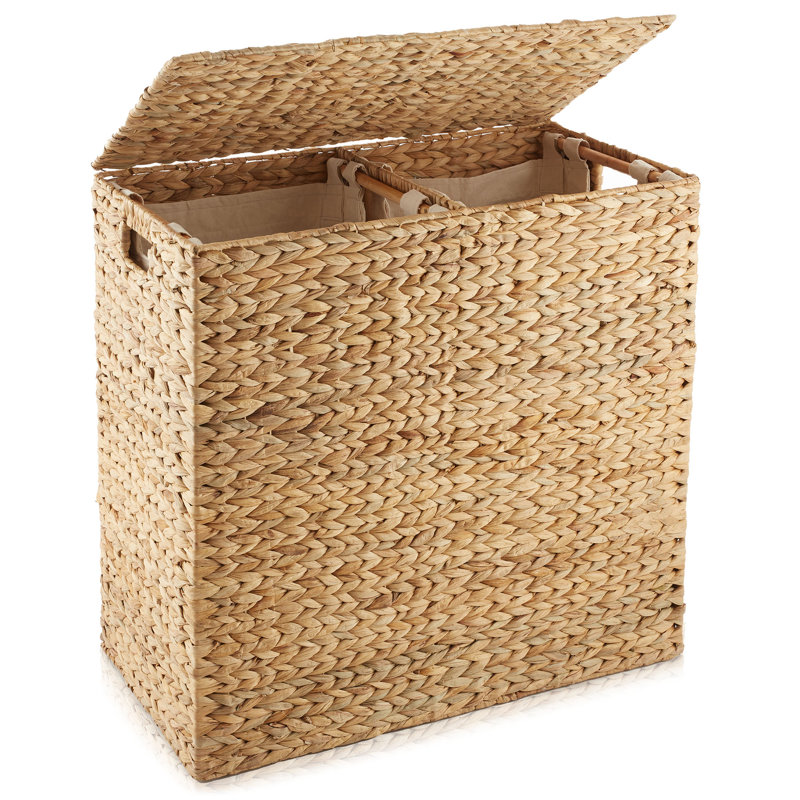 Casafield Laundry Hamper with Lid, 2-Section Water Hyacinth Laundry Basket, Tan