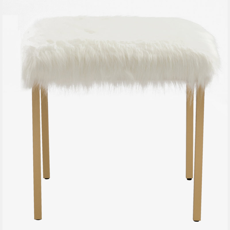 18-Inch Square Faux Fur Vanity Stool With Gold Metal Legs, Glam Upholstered Accent Chair For Bedroom, Dressing Room, Living Room (Blush/White Option)