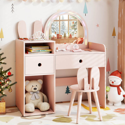 Princess Bunny Makeup Table with Lighted Mirror, Open Shelves and Storage Drawers Pink