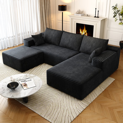 95" Sectional Couches for Living Room Cloud Couch Sofa with L-Shape Upholstered Boneless Couchs Modern Modular Sectional Couch with Chaise (Black, 95" W+2-Seater+Right chaise+Ottoman)