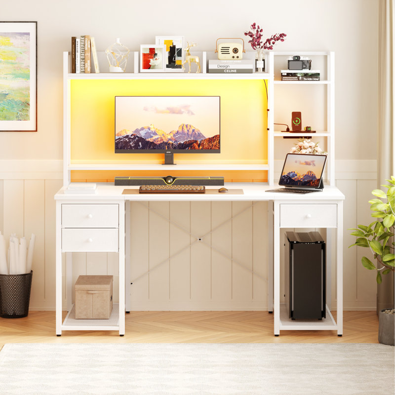 47"-59" Computer Desk with LED Lights & Outlet & Hutch, White, 59" H x 47.2" W x 18.9" D