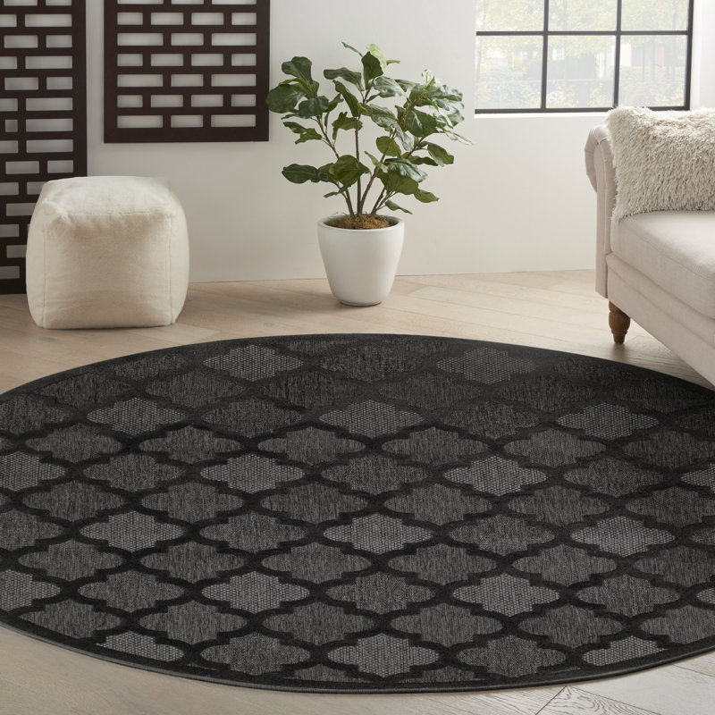 Adianey Red Barrel Studio Easy Care Trellis Charcoal/Black Indoor/Outdoor Area Rug, Round 8'