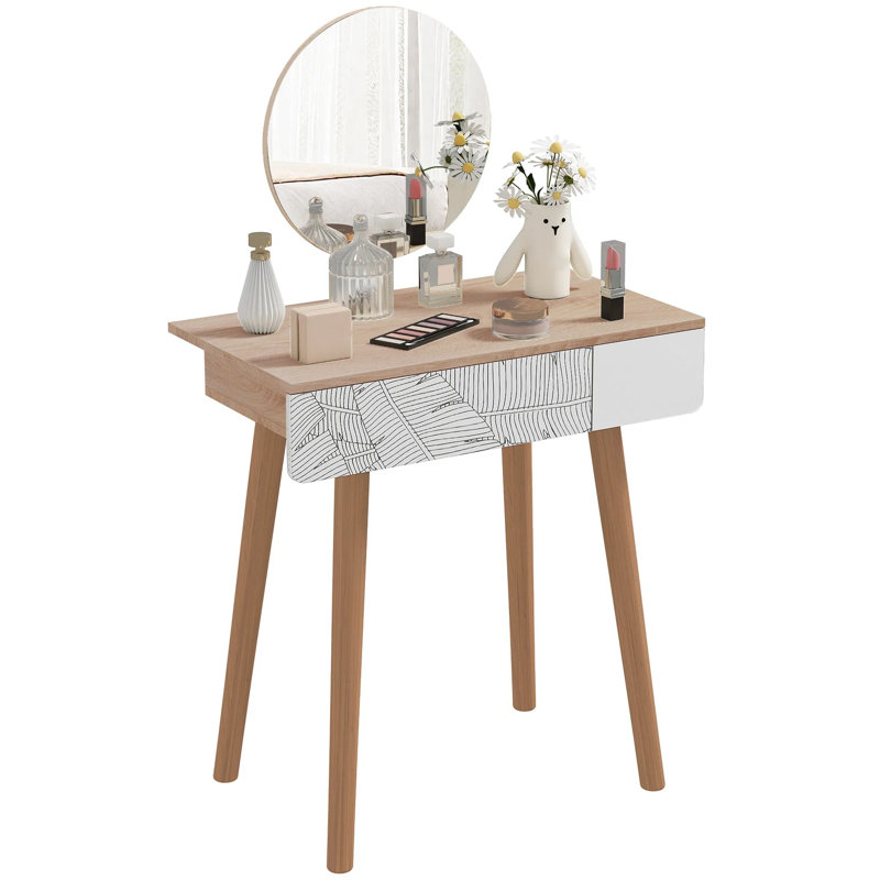 Meuble-lavabo l 27,6 po x l 15,4 po avec tiroir et miroir à hauteur réglable, pieds en bois massif, anti-basculement (le tabouret n'est pas inclus)