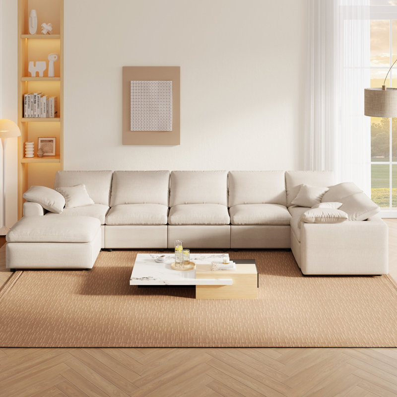 152" U Shaped Oversized Modular Sectional Sofa, Large 7 Seat Corner Couches for Living Room, Beige Chenille