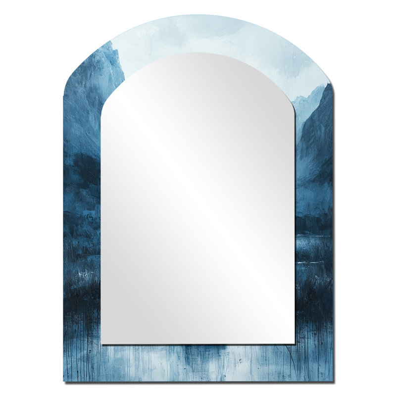 Modern African Elephant In The Mountains II - Blue Traditional Arch Wall Mirror, 34" x 25"