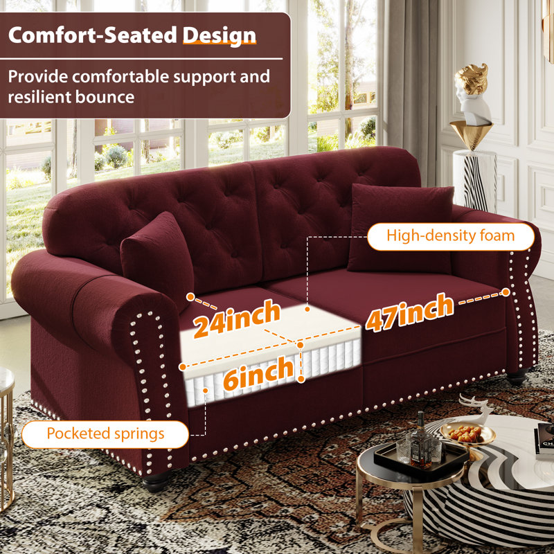 Causeuse Chesterfield de 63 po Annalease, canapé de style campagne moderne, revêtement en velours avec accoudoirs roulés