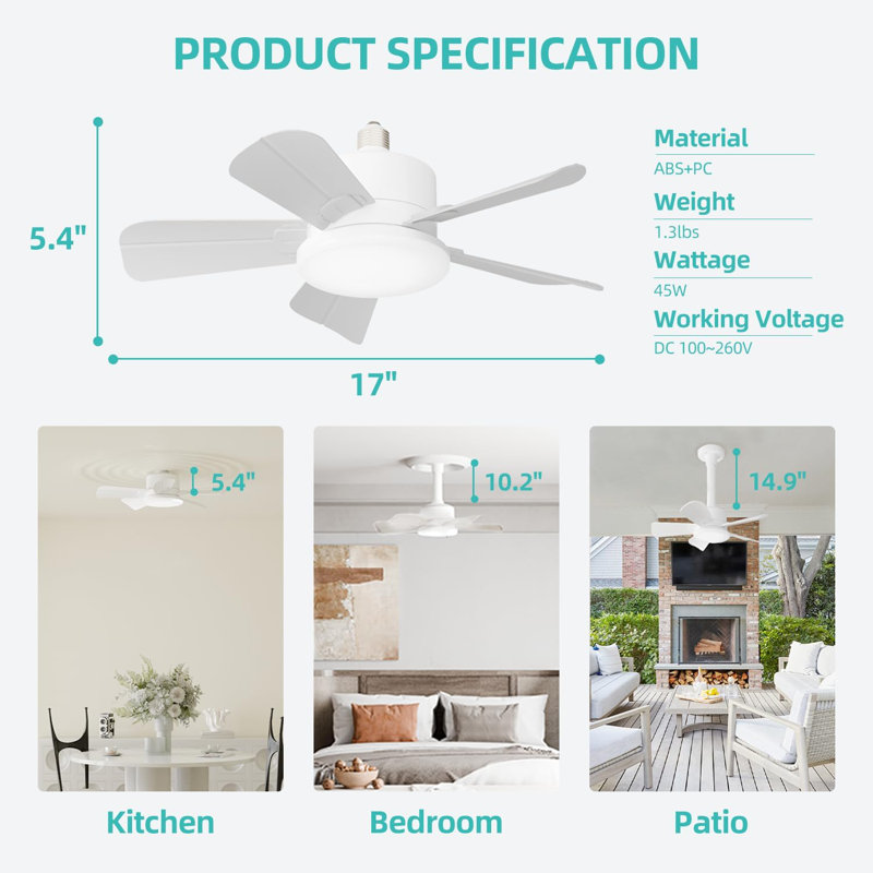 Ventilateur à douille de 17 po avec télécommande et 2 rallonges de douille, ventilateurs de plafond à vis sans fil avec lumières à intensité variable, ventilateur d'ampoule jusqu'à 1200LM / 6500K pour la cuisine, la salle de rangement et la salle 