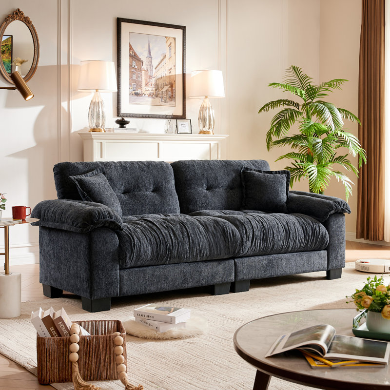 Canapé rembourré en chenille de 91 po avec assise rembourrée et coussins, Gris foncé