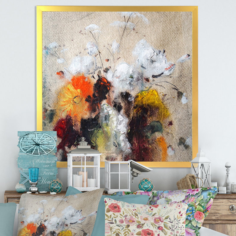 Bouquet de fleurs blanches II - on, Impression dorée sur toile encadrée, H 30 po x l 30 po x P 1 po