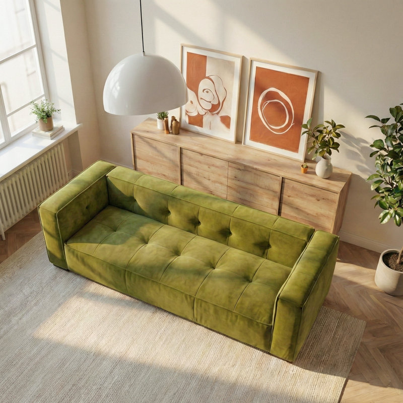 Bedford Modern Sofa with Biscuit Tufting and Square Arms, Olive Green