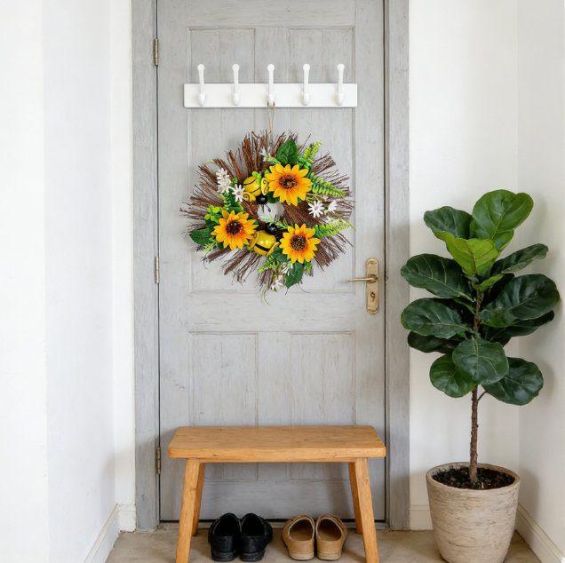 Couronne de tournesol et abeille artificielle 13,8 po, brindille rustique décorative pour le printemps, l'été et la maison de campagne