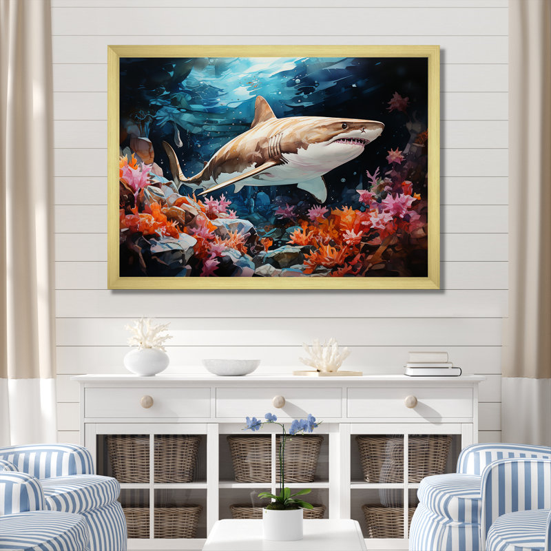 Silent Hunter Sharks Portrait III - plage et océan, art mural sur toile, Cadre doré simple, H 16 po x l 32 po x P 1 po