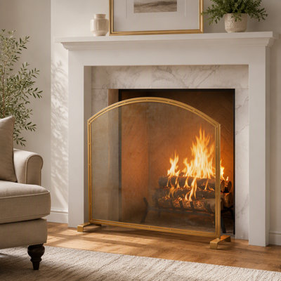 Freestanding Arched Top Metal Fireplace Screen, Decorative Spark Barrier for Indoor Wood Burning Fireplace, Screen Part Size 38" L x 31" H