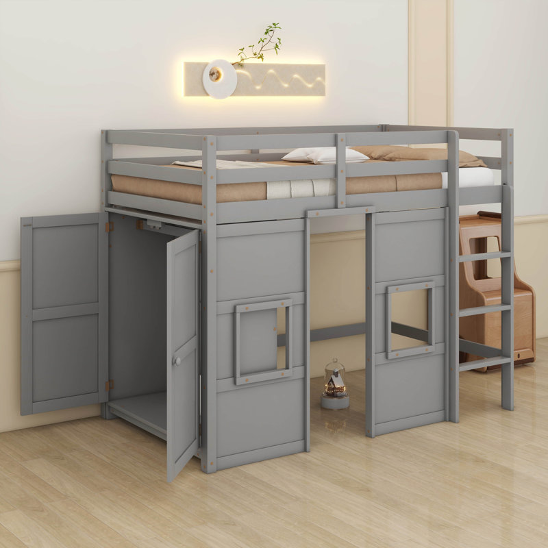 Solid Wood Twin Size Loft Bed With Built-In Storage Wardrobe And 2 Windows, Grey
