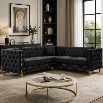 82.2-Inch Velvet Corner Sofa, L-Shaped Sectional Couch, 5-Seater Corner Sofas with 3 Cushions for Living Room, Bedroom, Apartment, Office