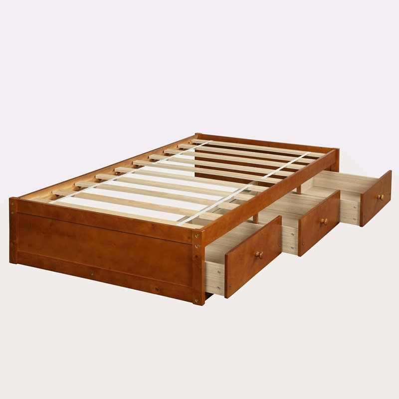 Lit plateforme simple avec rangement et 3 tiroirs, Chêne