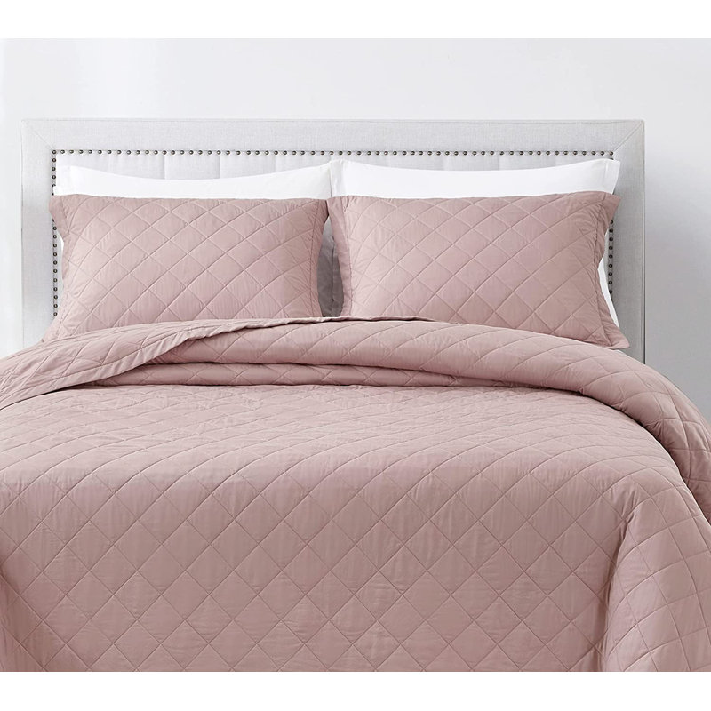 3 Piece Diamond Stitch Lightweight Cooling Quilt Set, Queen Quilt + 2 Standard Shams, Woodrose