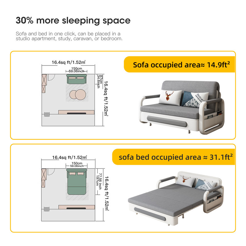 Double Sofa Bed with Storage, Grey Linen Blend Removable Cover, Foam and Latex Mattress Fast Dispatch From UK Warehouse – Dispatched Within 2 Days