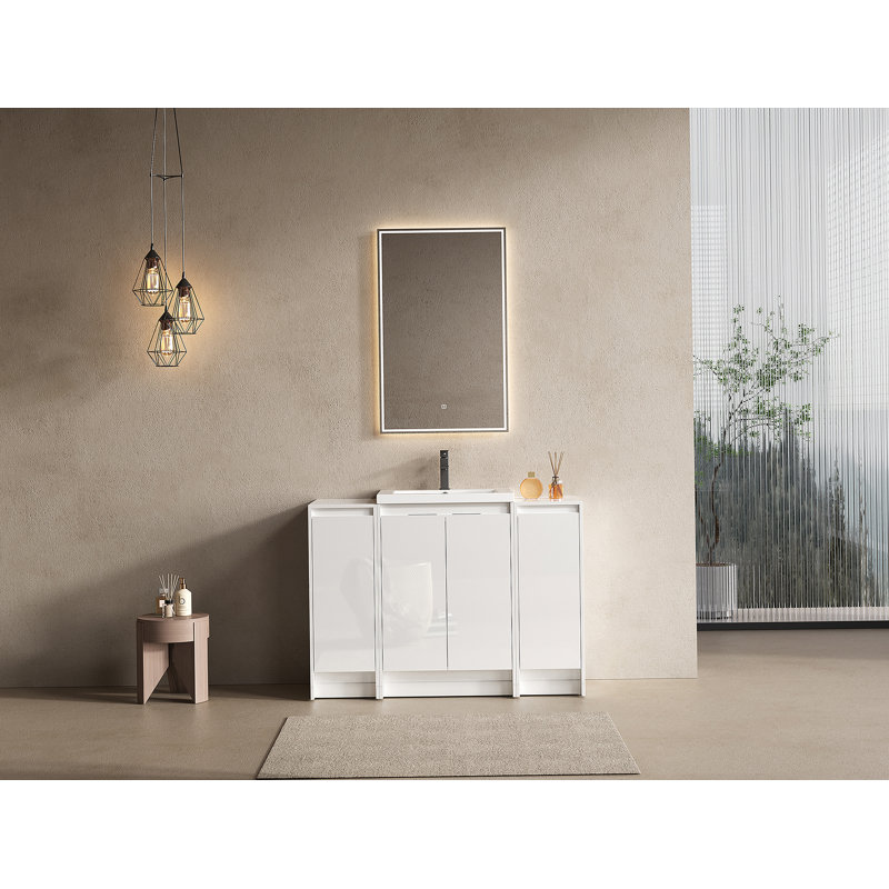 Meuble-lavabo autoportant 48 po avec lavabo en résine et 2 armoires de rangement, portes à fermeture en douceur, blanc brillant, contreplaqué (emballage KD)