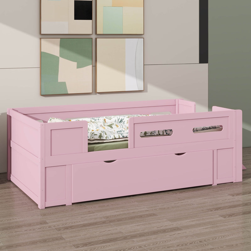 Lit plateforme robuste en bois avec barrière de sécurité et tiroir de rangement spacieux, Lit simple, Rose