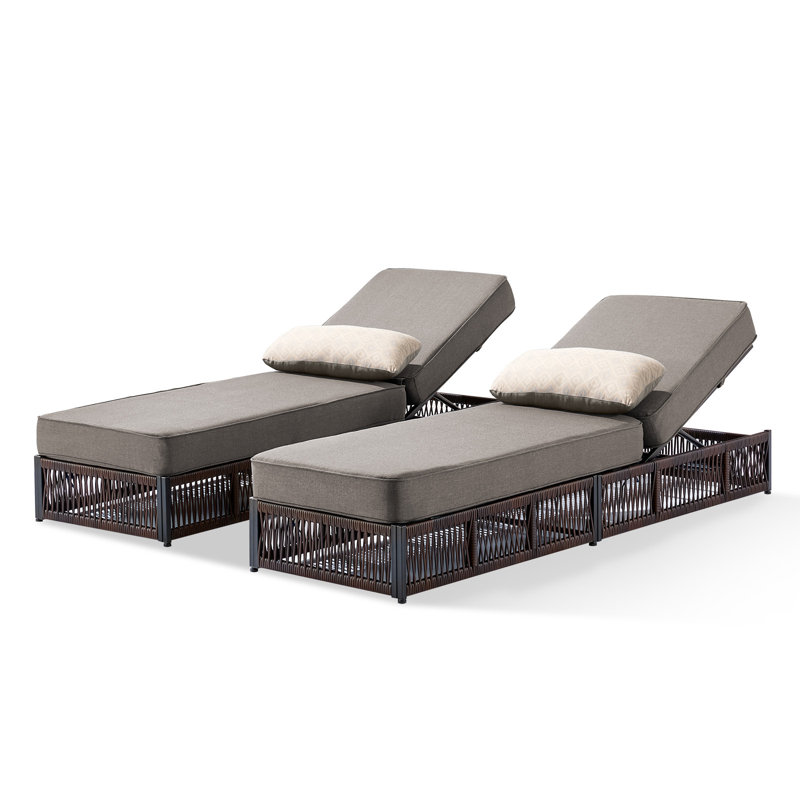 Pecofarm 2-Piece Wicker Rattan Outdoor Chaise Lounge With 5" Thick Cushions, 5-Position Adjustable Patio Recliner, Gray
