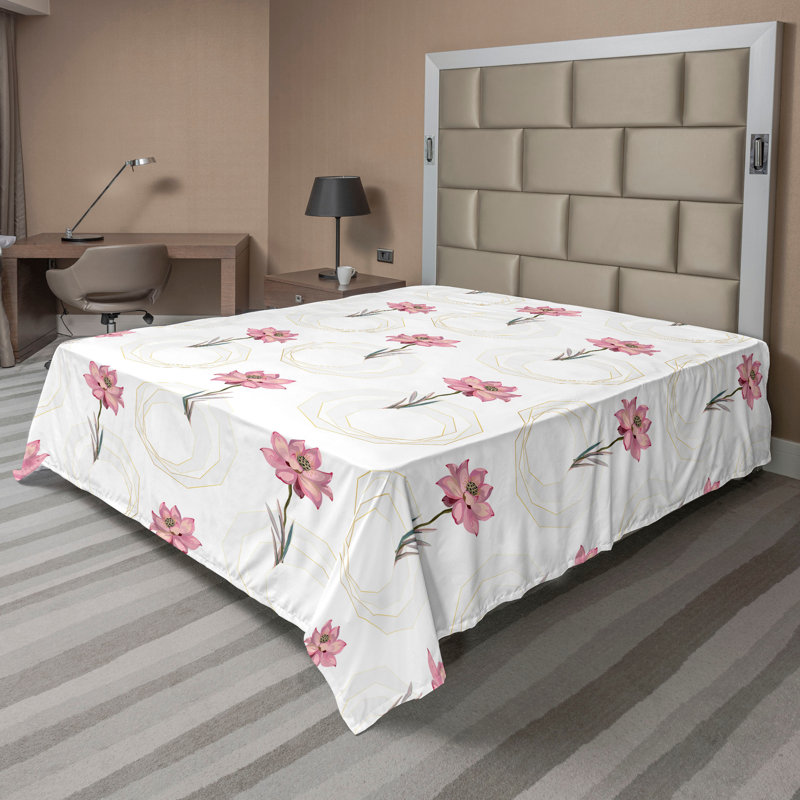 Ambesonne Tropical Flat Sheet Exotics Leafy Pattern Art California, Ivory Pink Floral, Queen Flat Sheet