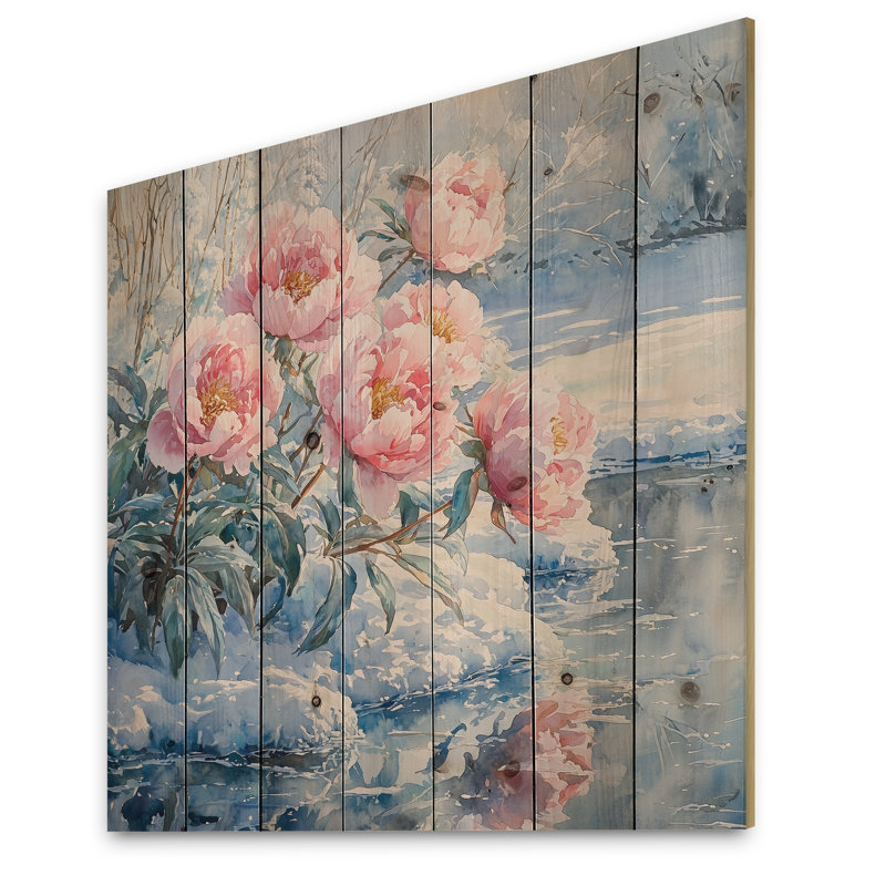 Pivoines par la rivière gelée III - Art mural en bois pivoines - sur bois de pin naturel, H 15 po x l 15 po x P 0,78 po