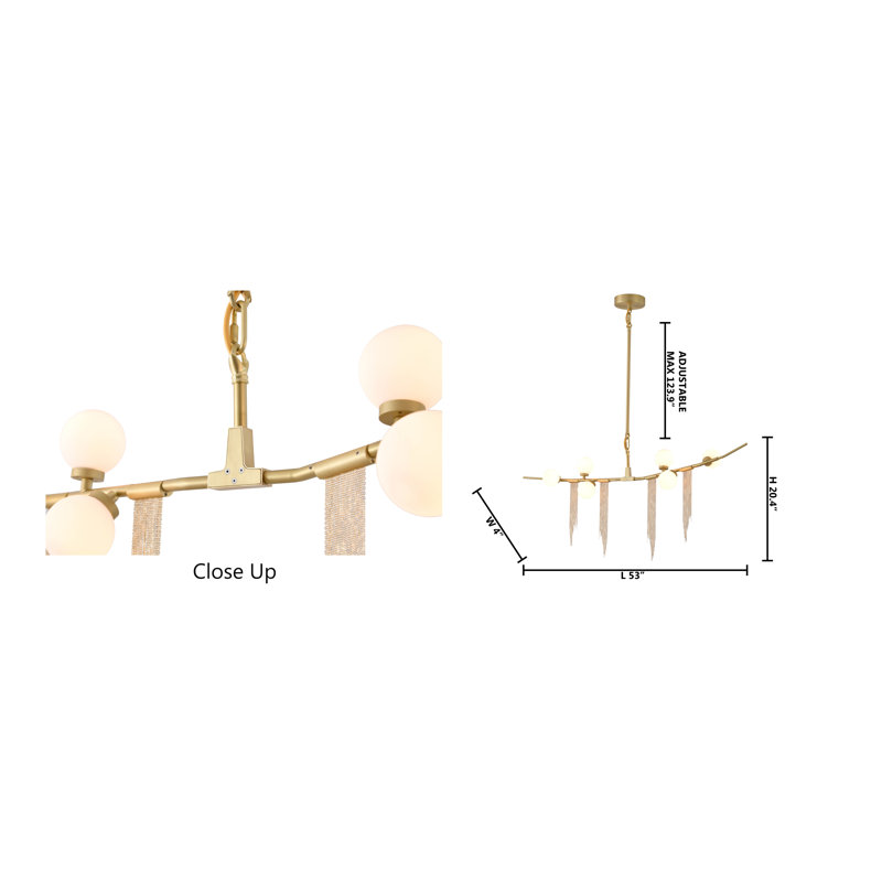 This Exquisite Chandelier Is In A Gold Finish. The Frame Is Made Out Of Metal, And It Comes Aluminum Chain And White Glass Shades. The Adjustable Rod Link Makes This Fixture Suitable For Most Ceiling Heights.