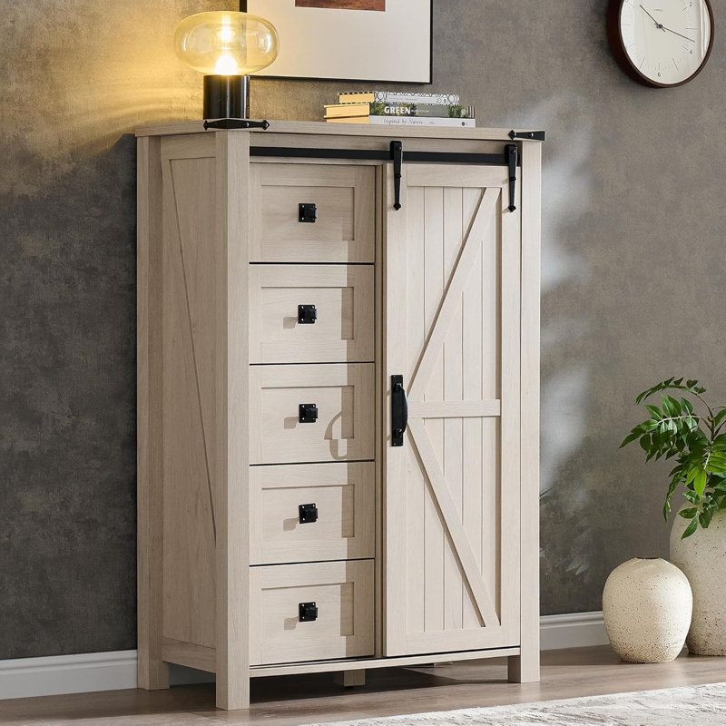 Commode 5 tiroirs avec porte de grange coulissante Charithra, Aulne blanc
