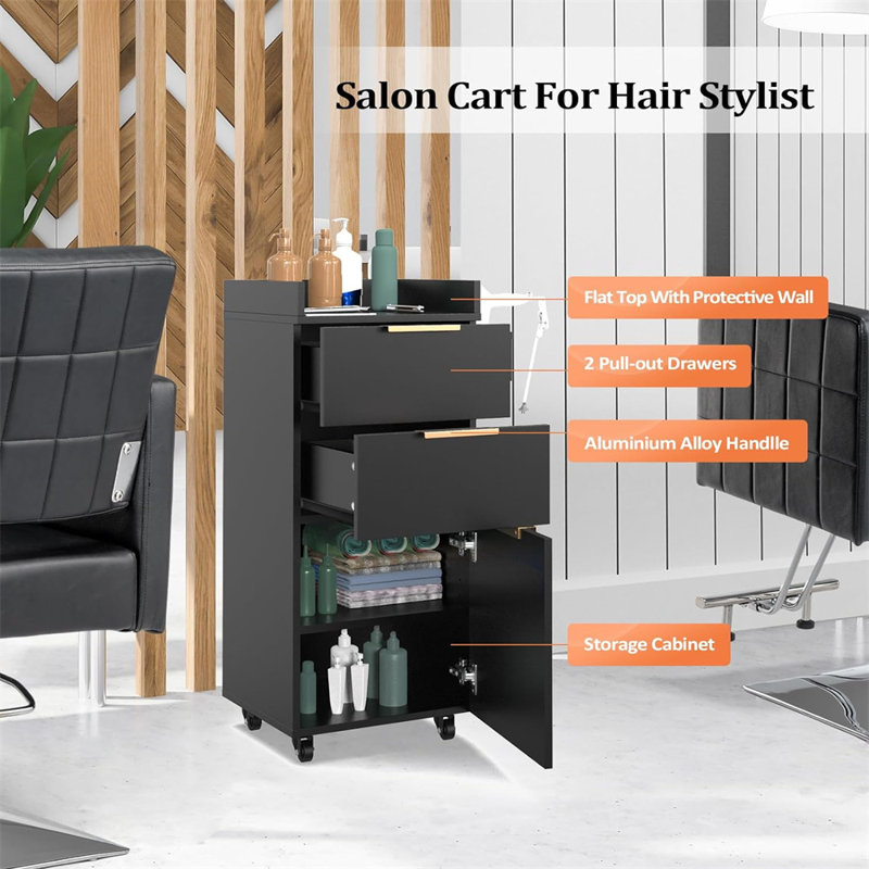 Wooden Salon Trolley With 2 Drawers And 1 Storage Cabinet In Black, Black