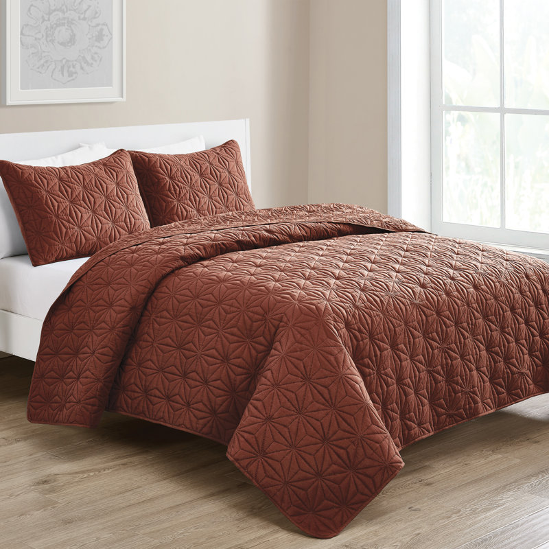 Kaleidoscope 3-Piece Embossed Geometric Quilt , Orange, King Quilt + 2 King Shams