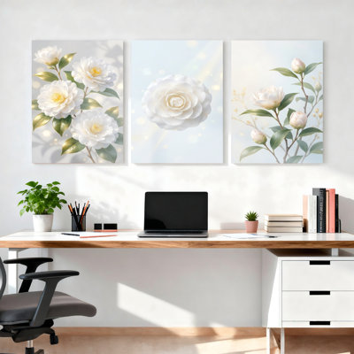 Ensemble de 3 tableaux sur toile à motif floral de roses blanches, pour la décoration du salon et de la chambre.