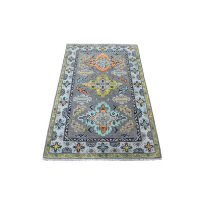 Tapis gris / vert en laine noué à la main de conception unique 3 pi 3 po x 5 pi Harpenden