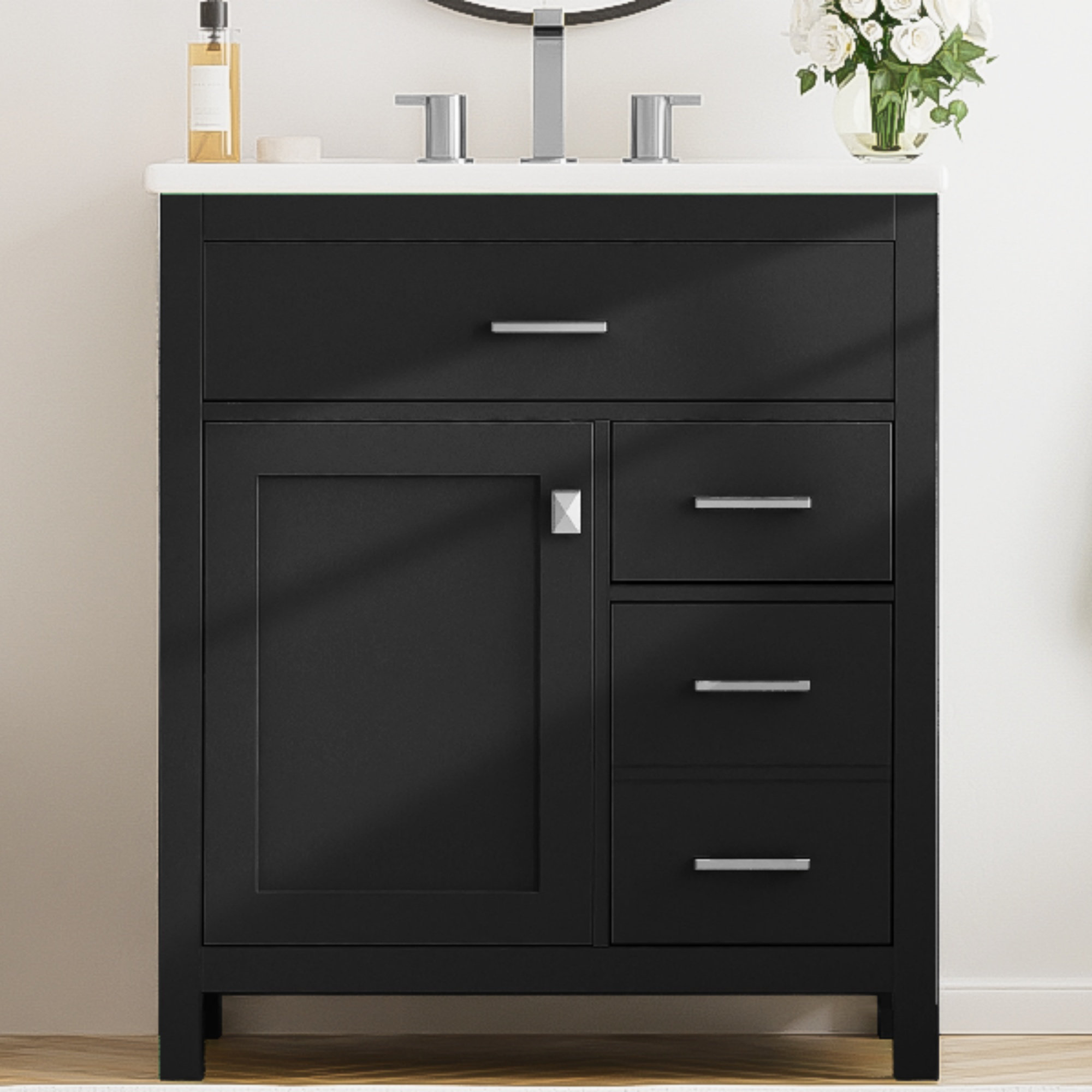 Ebern Designs 30-Inch Black Bathroom Vanity With Ceramic Sink And Ample ...