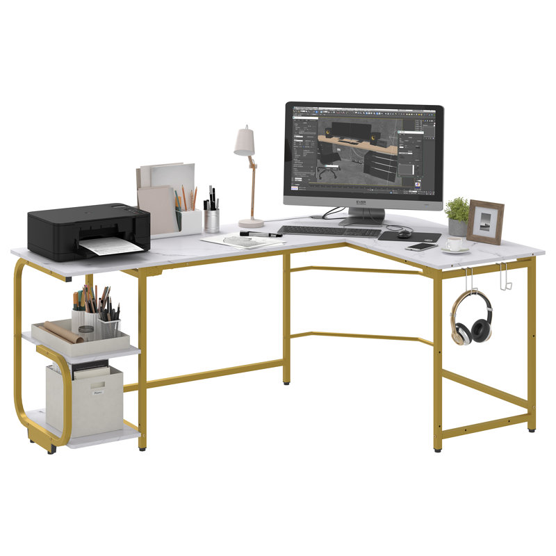 Violetrose Modular L-Shaped Stainless Steel Computer Desk, White/Gold