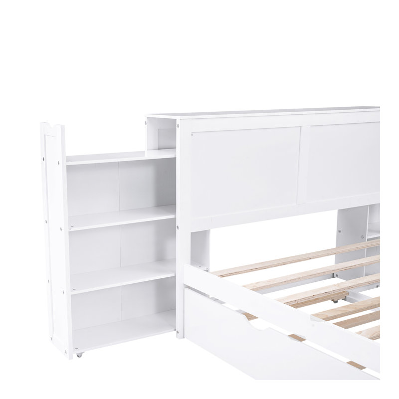 Lit plateforme double avec rangement et tablettes gigognes, blanc
